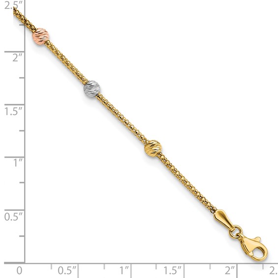 14k Tri-color Diamond-cut Beads and Mesh Chain 7-Station 7.25 inch Bracelet