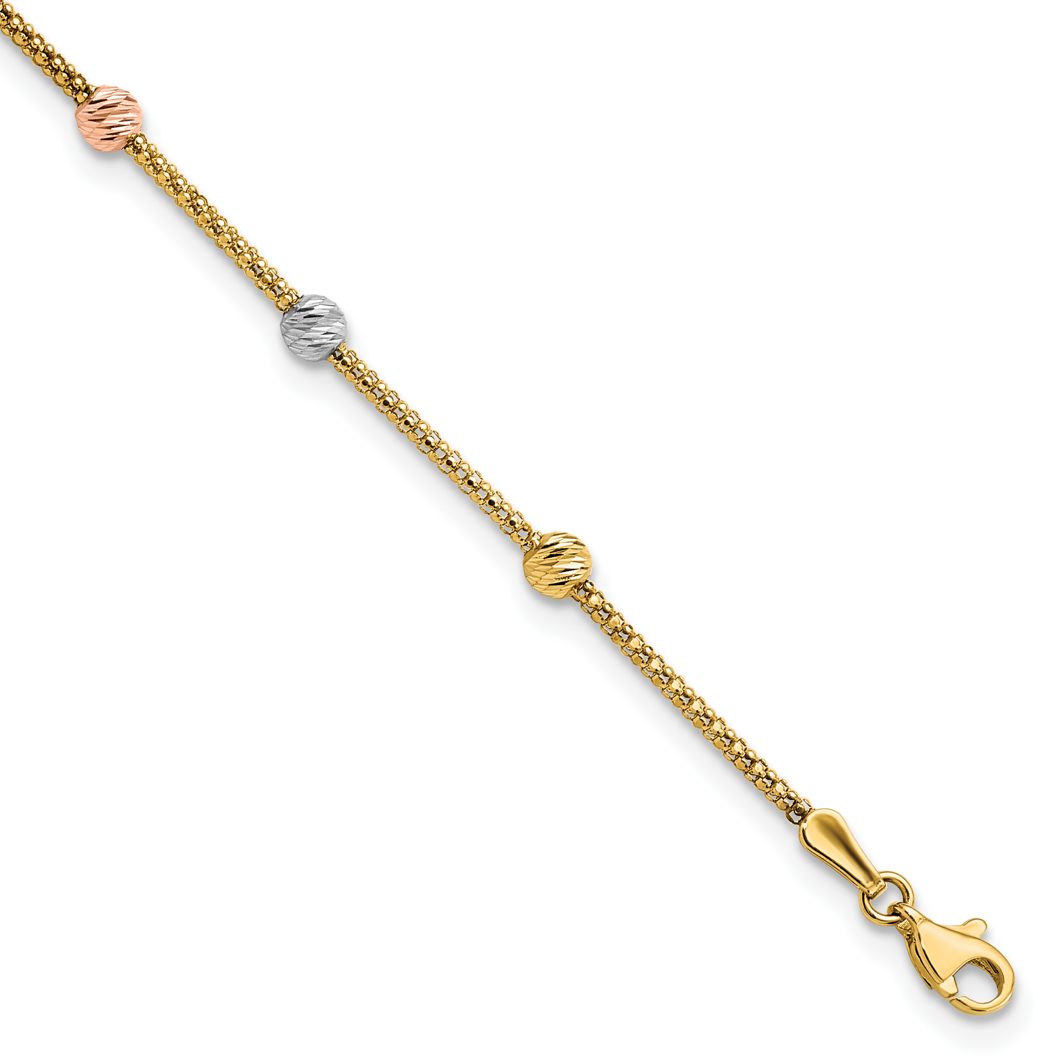 14k Tri-color Diamond-cut Beads and Mesh Chain 7-Station 7.25 inch Bracelet (SF2860-7.25)