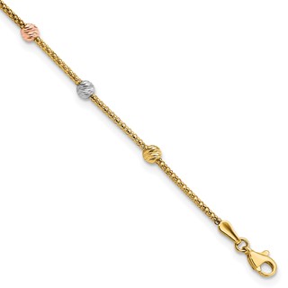 14k Tri-color Diamond-cut Beads and Mesh Chain 7-Station 7.25 inch Bracelet