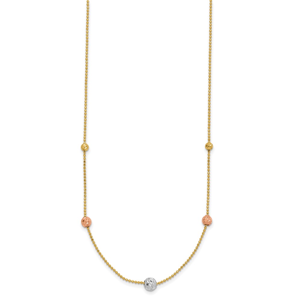 14K Tri-Color Diamond-cut Beads and Beaded Chain 18 inch Station Necklace (SF2863-18)
