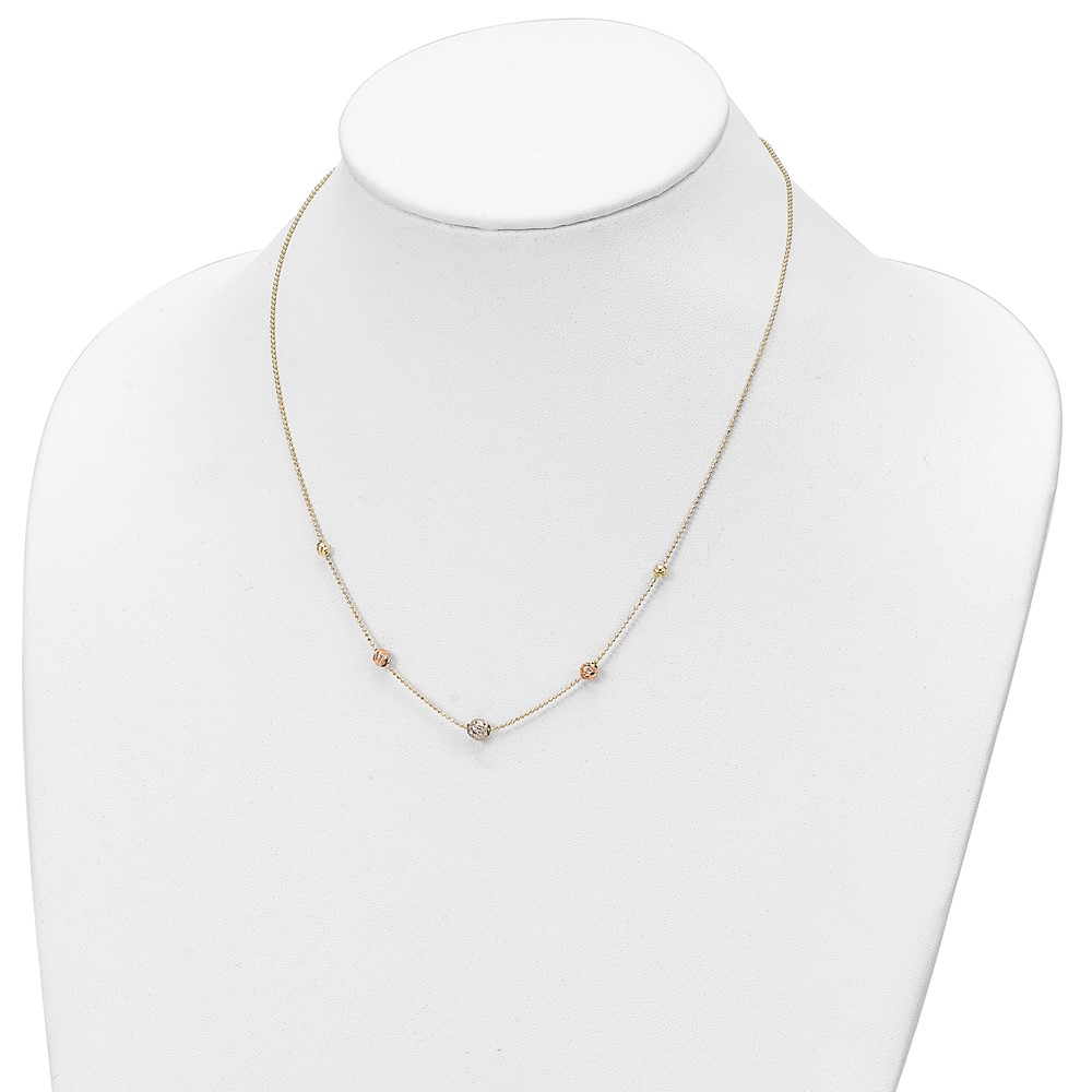 14K Tri-Color Diamond-cut Beads and Beaded Chain 18 inch Station Necklace (SF2863-18)