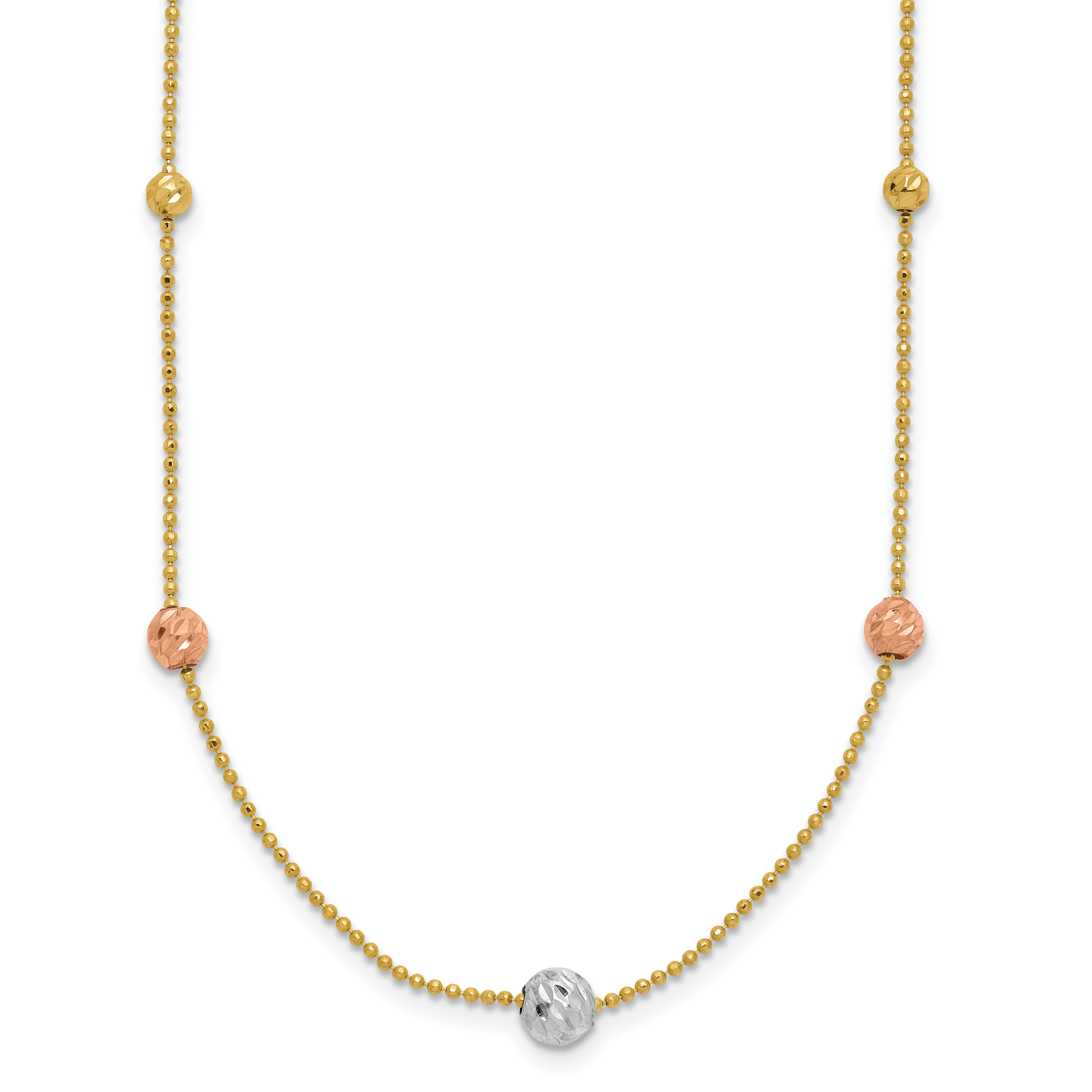 14K Tri-Color Diamond-cut Beads and Beaded Chain 18 inch Station Necklace (SF2863-18)