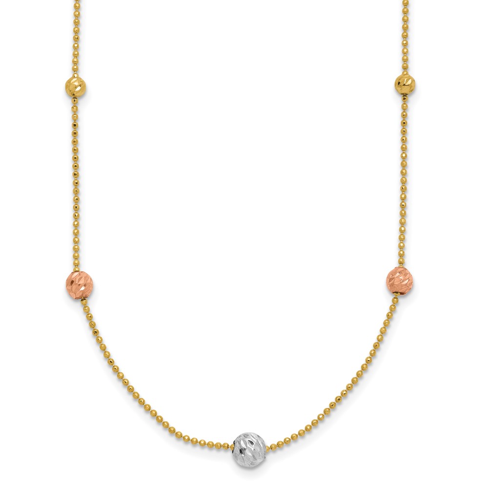 14K Tri-Color Diamond-cut Beads and Beaded Chain 18 inch Station Necklace (SF2863-18)