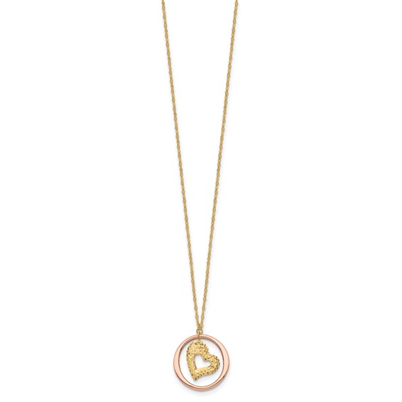14K Two-tone Fancy Diamond-cut Heart in Open Circle Pendant 18 inch Necklace