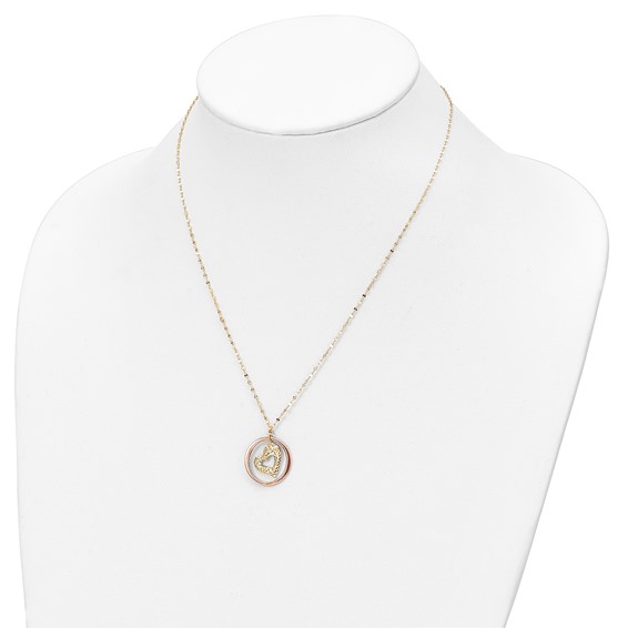 14K Two-tone Fancy Diamond-cut Heart in Open Circle Pendant 18 inch Necklace