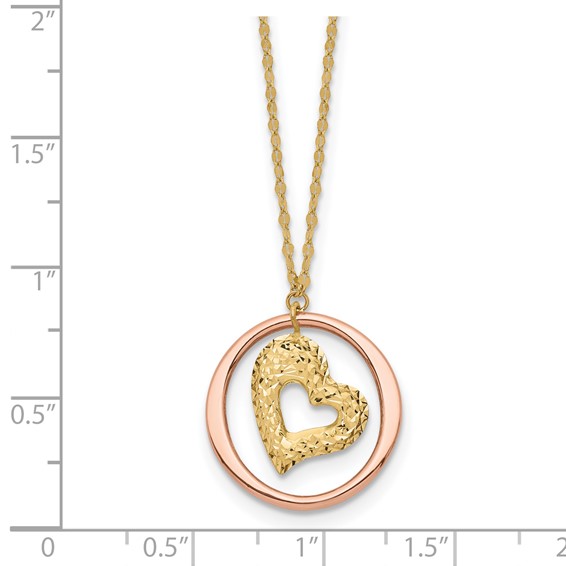 14K Two-tone Fancy Diamond-cut Heart in Open Circle Pendant 18 inch Necklace