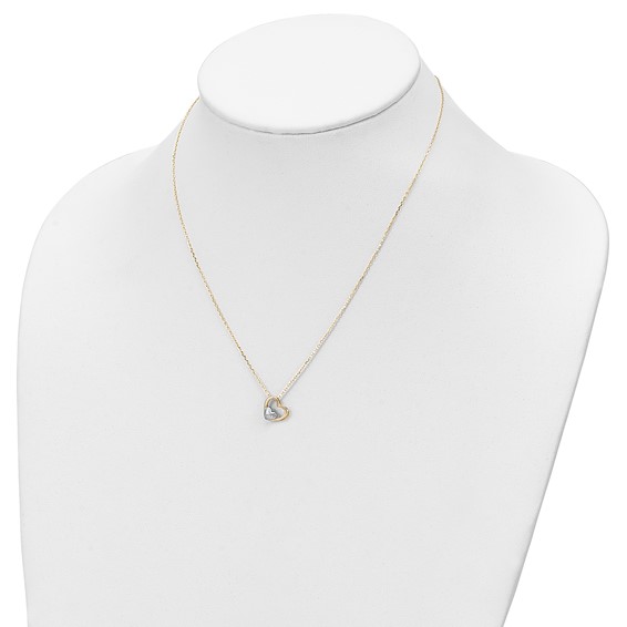 14K and White Rhodium Polished Heart with Satin LOVE Heart 17 inch Necklace