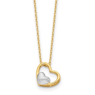14K and White Rhodium Polished Heart with Satin LOVE Heart 17 inch Necklace