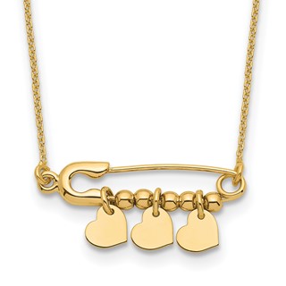 14K Safety Pin with Three Dangle Hearts and Beads 17 inch Necklace