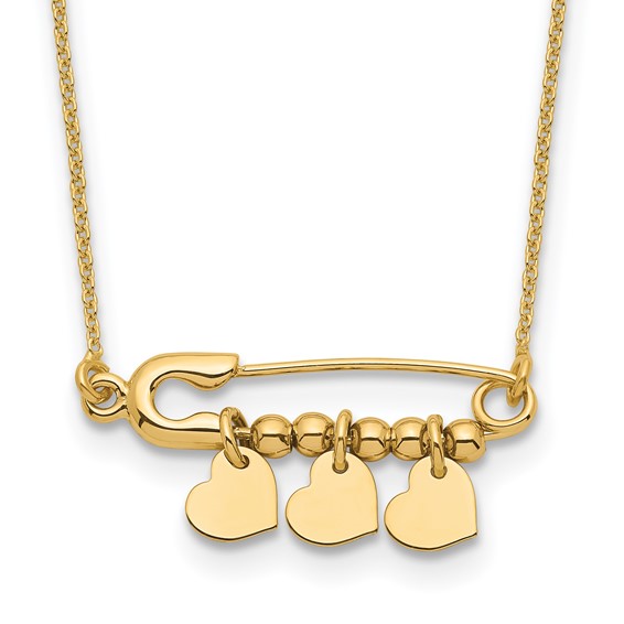 14K Safety Pin with Three Dangle Hearts and Beads 17 inch Necklace