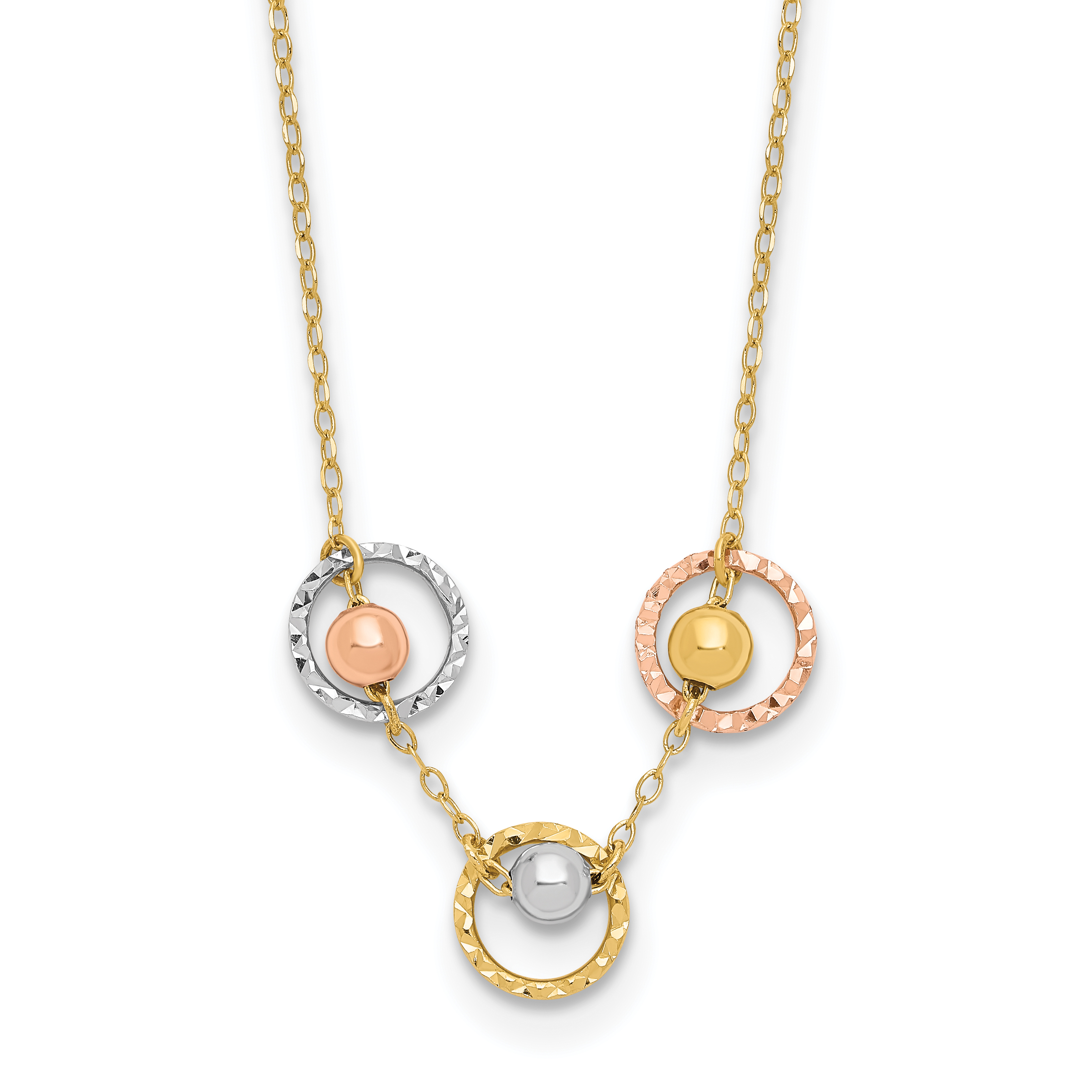 14K Tri-color Polished Beads in Three Diamond-cut Circles 18 inch Necklace (SF2916-18)