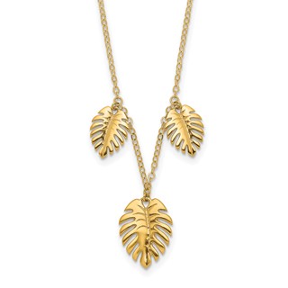 14K Polished Dangle Three Palm Leaves 16.75 inch Necklace