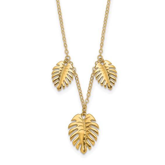 14K Polished Dangle Three Palm Leaves 16.75 inch Necklace