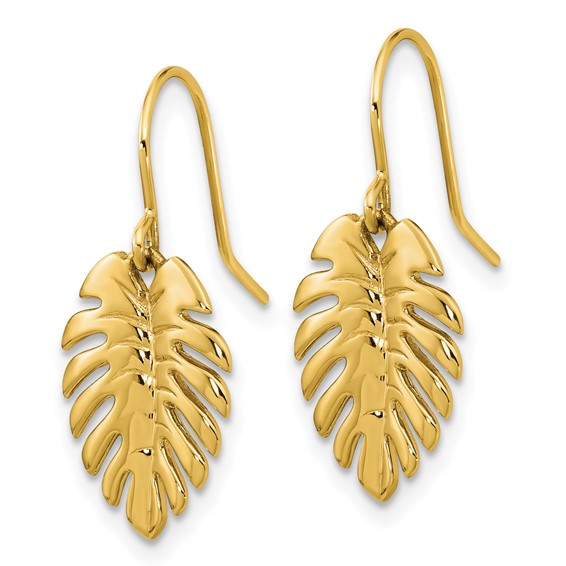14K Polished Palm Leaf Dangle Shepherd Hook Earrings