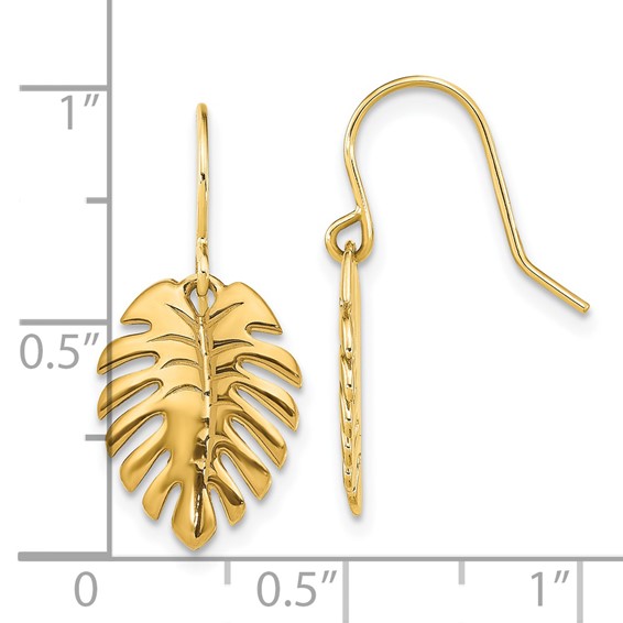 14K Polished Palm Leaf Dangle Shepherd Hook Earrings