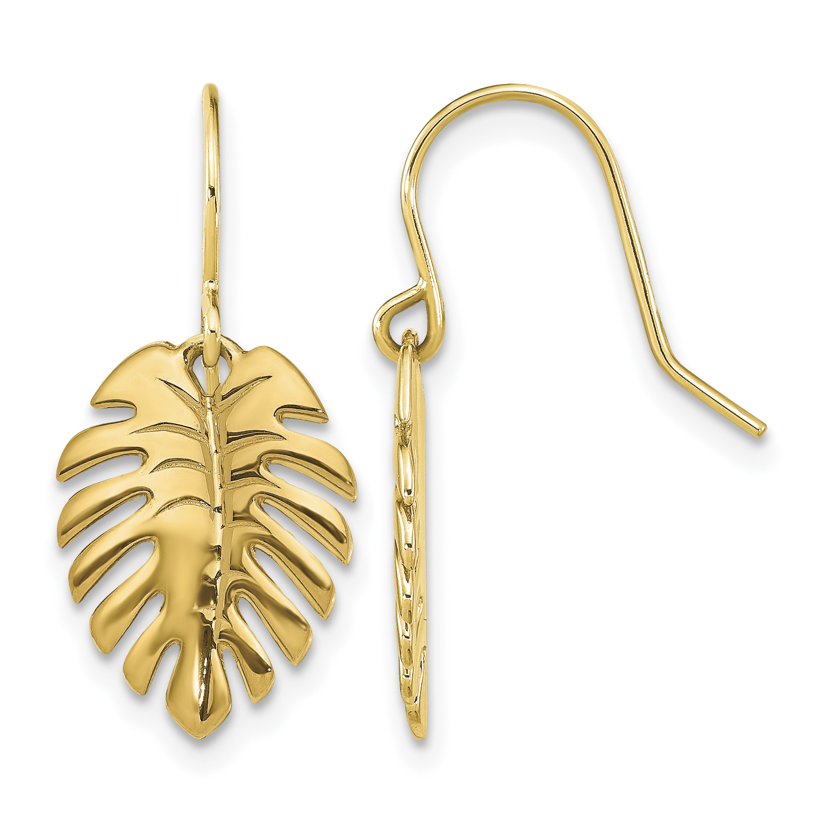 14K Polished Palm Leaf Dangle Shepherd Hook Earrings (SF2922E)