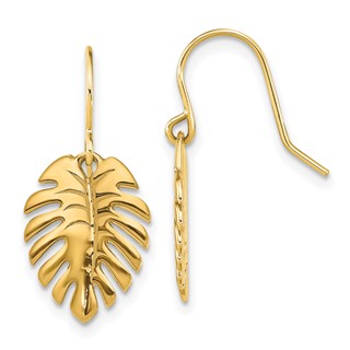 14K Polished Palm Leaf Dangle Shepherd Hook Earrings