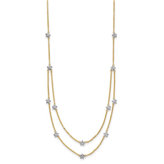 14K Two-tone Double Chain Textured Stars 18 inch Necklace
