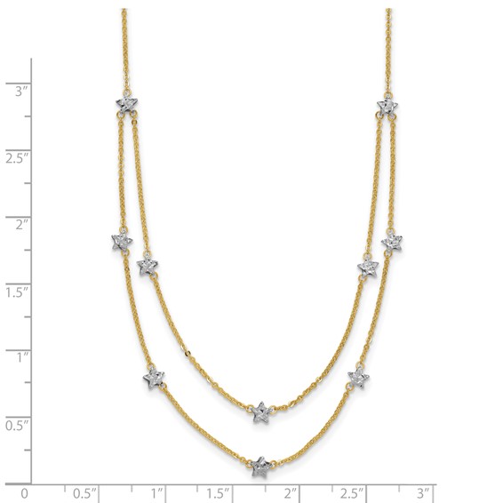 14K Two-tone Double Chain Textured Stars 18 inch Necklace