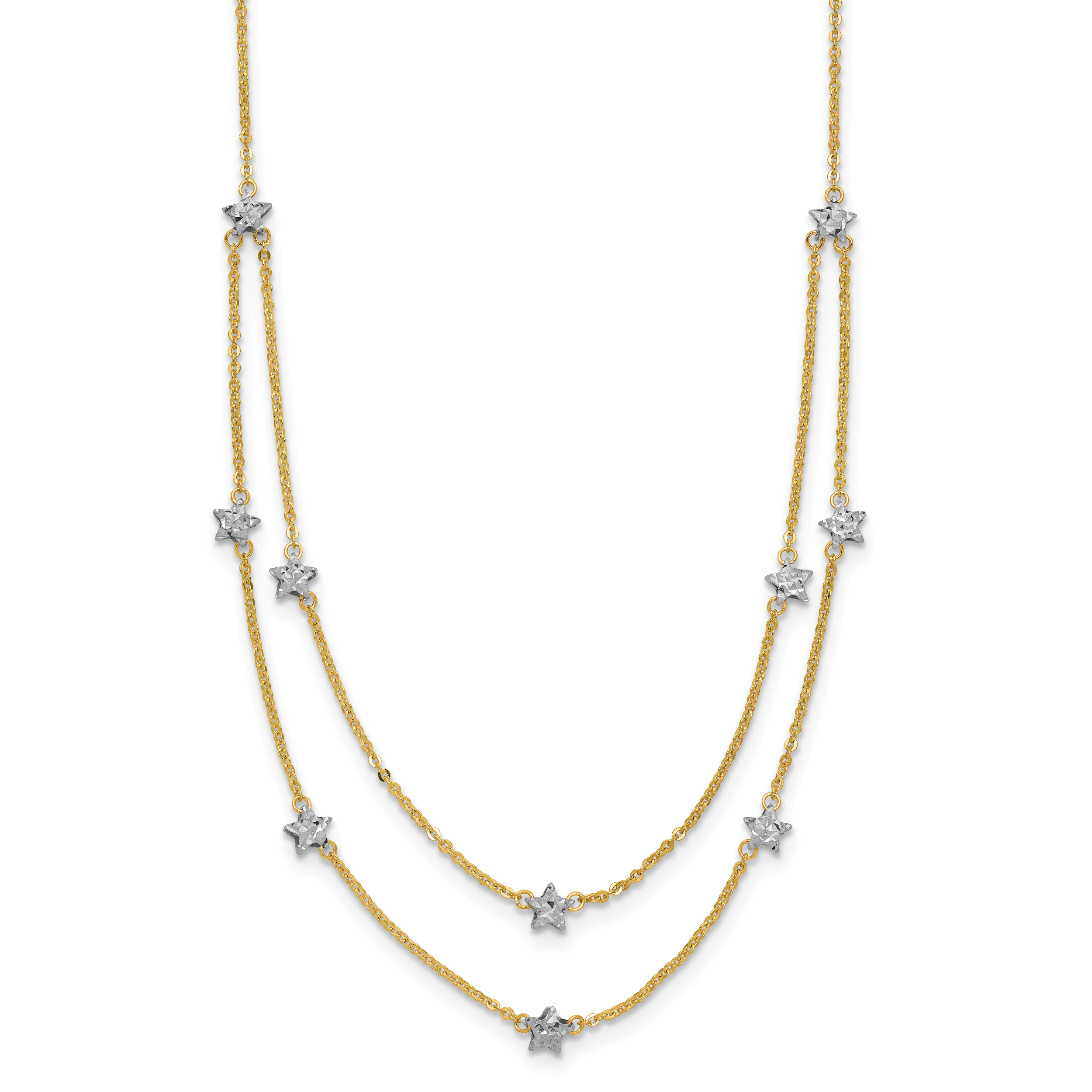 14K Two-tone Double Chain Textured Stars 18 inch Necklace (SF2926-18)
