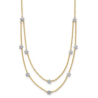 14K Two-tone Double Chain Textured Stars 18 inch Necklace