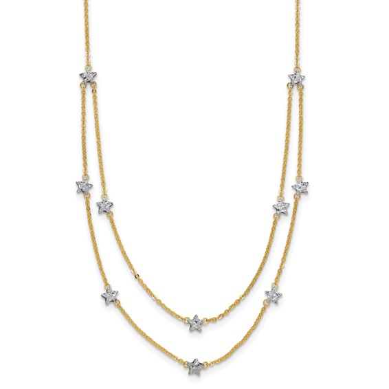 14K Two-tone Double Chain Textured Stars 18 inch Necklace