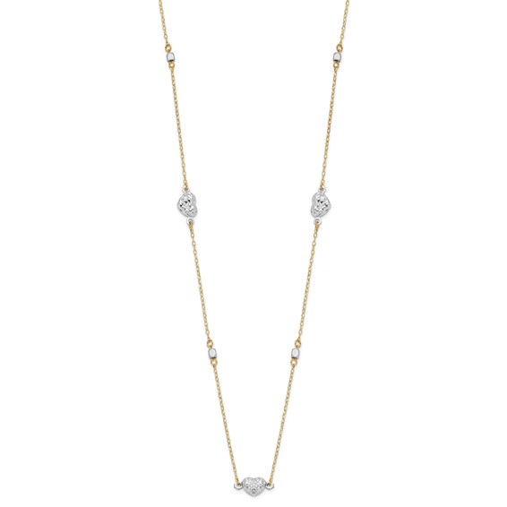 14K Two Tone Polished Diamond-cut Puffed Hearts and Beads 18 inch Necklace
