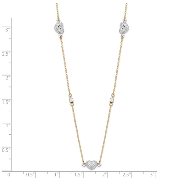 14K Two Tone Polished Diamond-cut Puffed Hearts and Beads 18 inch Necklace