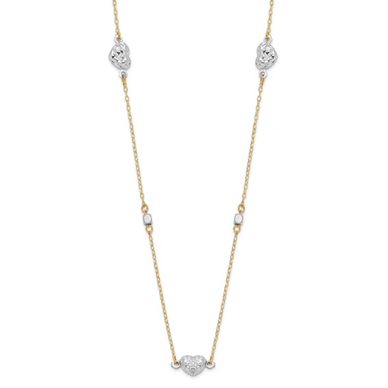 14K Two Tone Polished Diamond-cut Puffed Hearts and Beads 18 inch Necklace