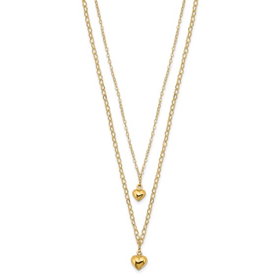 14K Double Layer Heart Link with Polished Puffed Hearts 16 inch Necklace Plus 2 inch Extender