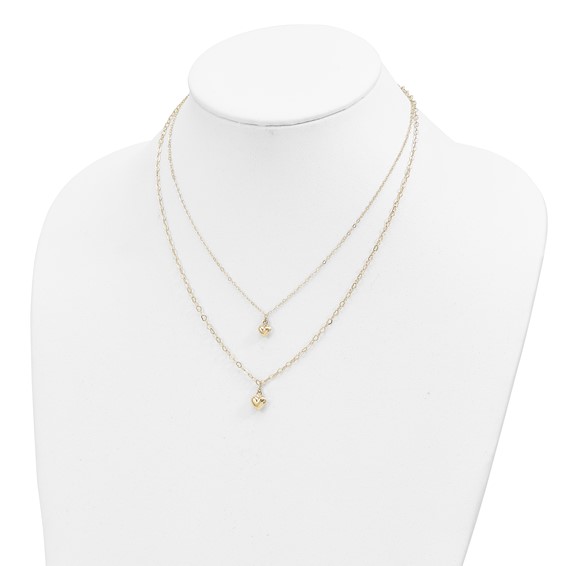14K Double Layer Heart Link with Polished Puffed Hearts 16 inch Necklace Plus 2 inch Extender