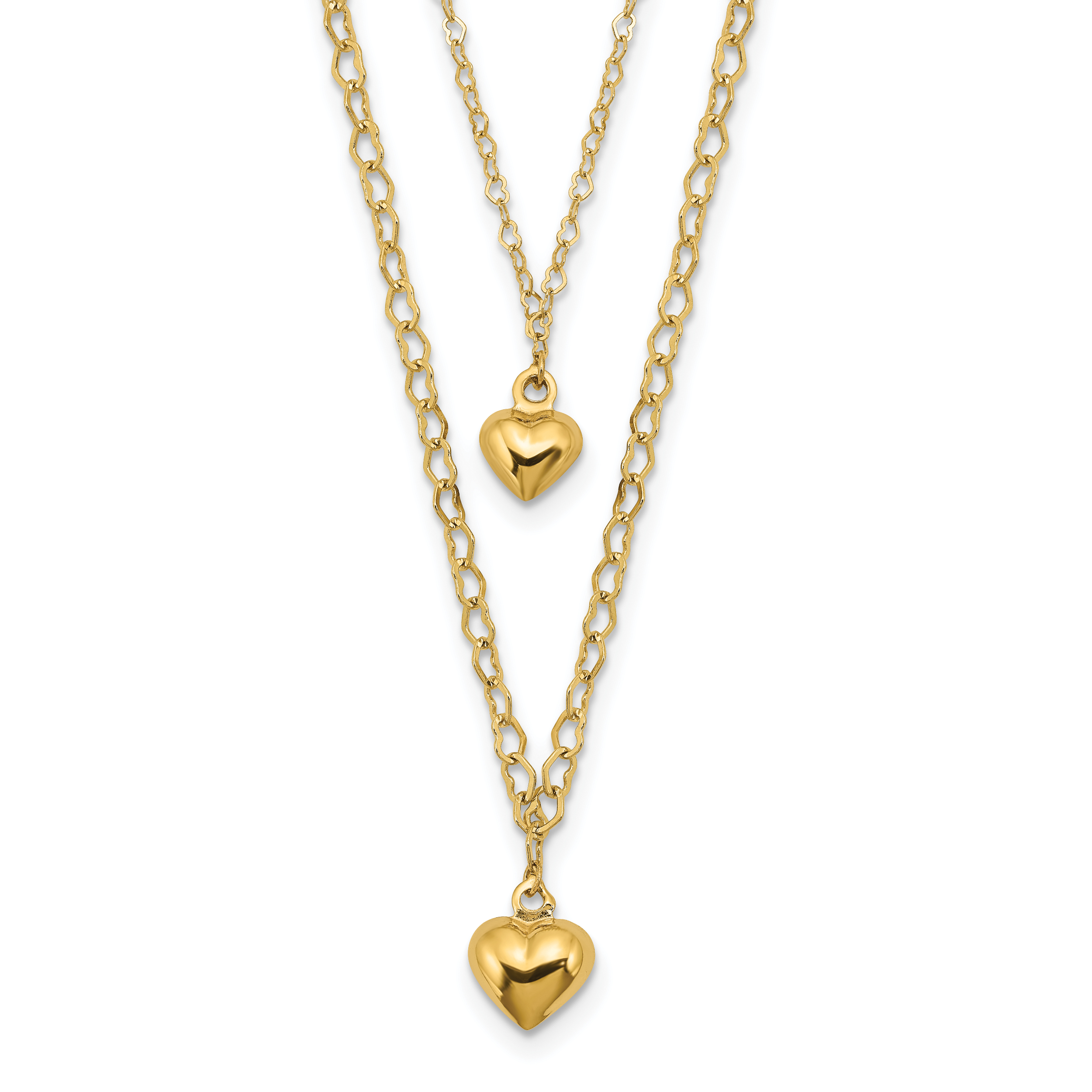 14K Double Layer Heart Link with Polished Puffed Hearts 16 inch Necklace Plus 2 inch Extender (SF2944-16)