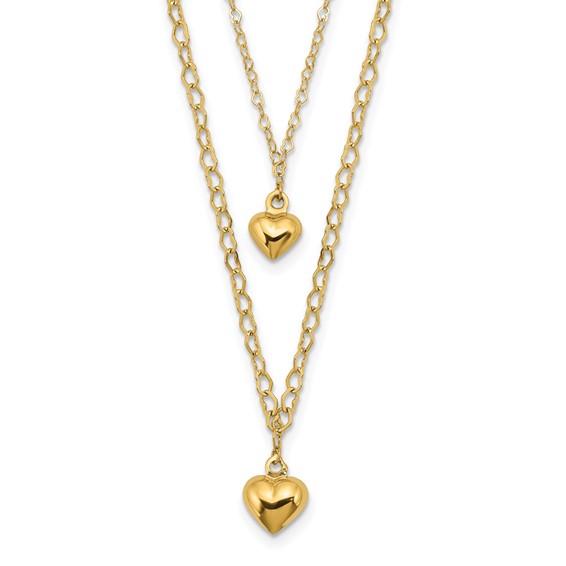 14K Double Layer Heart Link with Polished Puffed Hearts 16 inch Necklace Plus 2 inch Extender