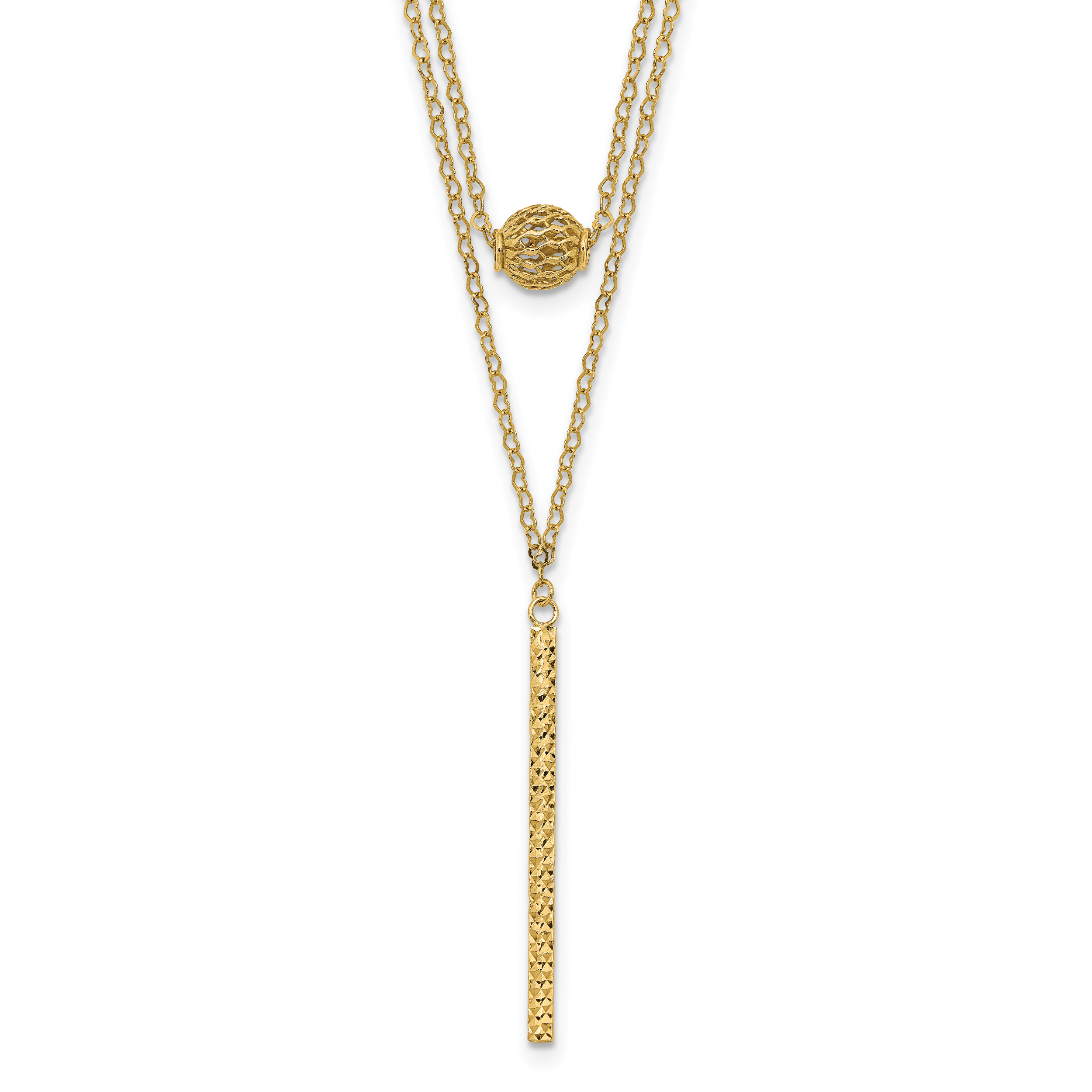 14K Double Layer Hollow Filigree Bead and Diamond-cut Bar 16 inch Necklace Plus 2 inch Extender (SF2945-16)