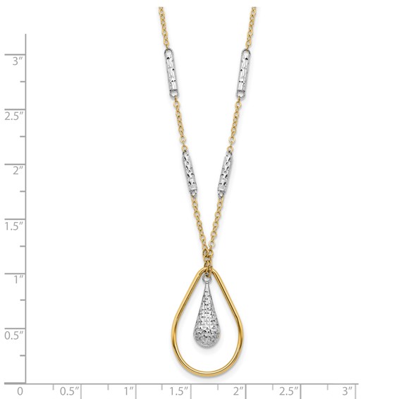 14K Two-tone Polished and Diamond-cut Teardrop and Bar 17 inch Necklace