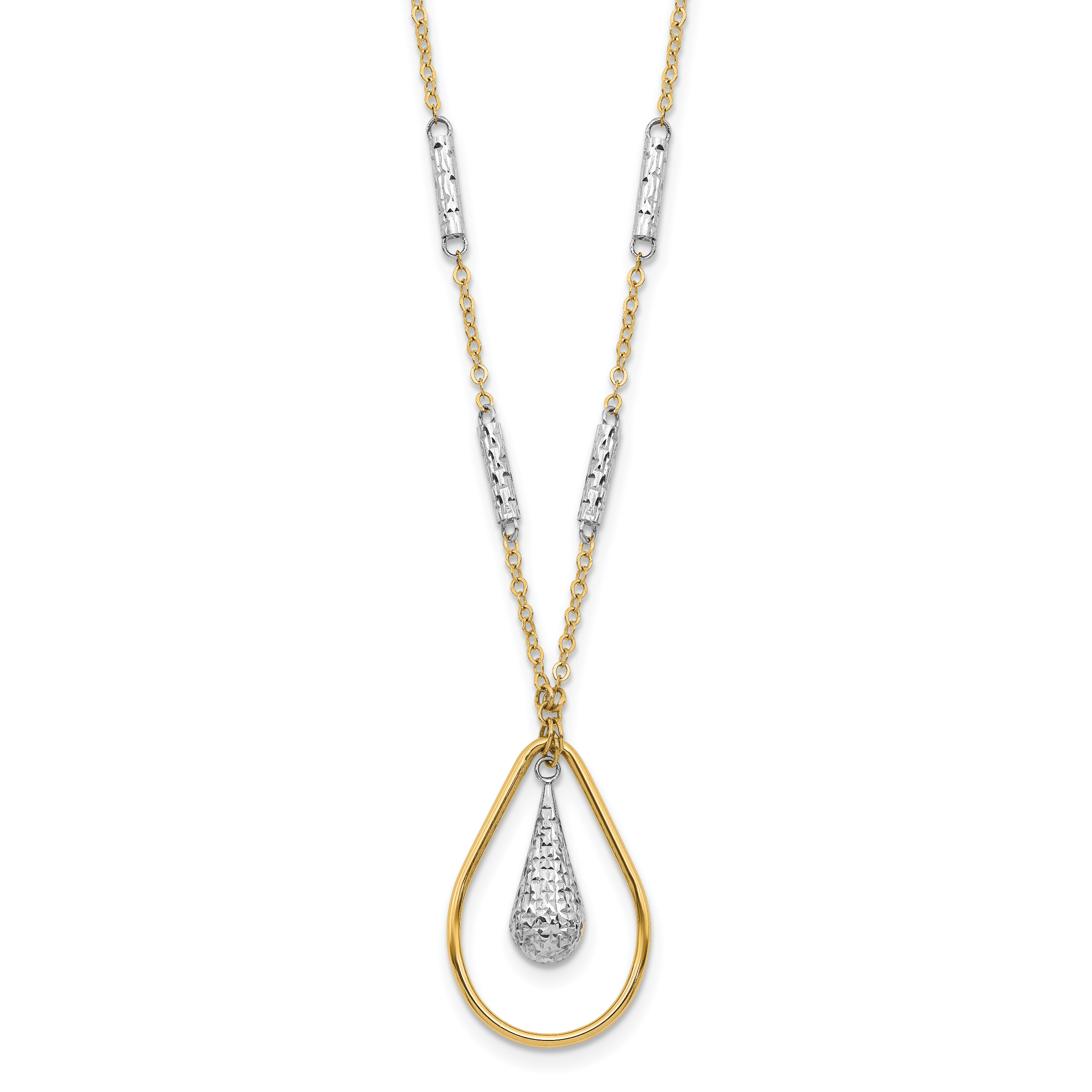 14K Two-tone Polished and Diamond-cut Teardrop and Bar 17 inch Necklace (SF2946-17)