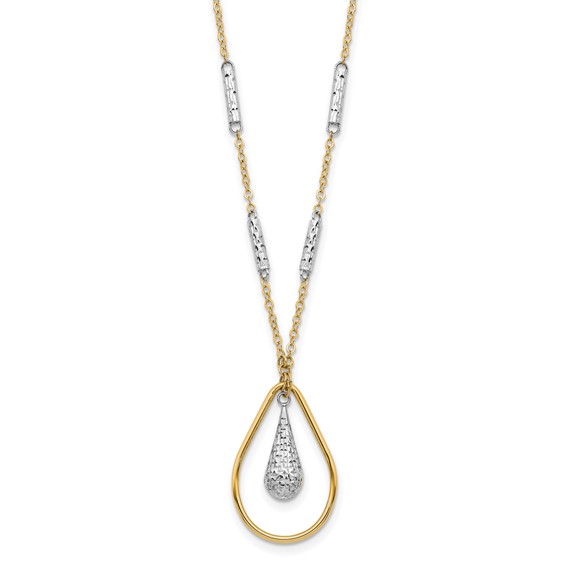 14K Two-tone Polished and Diamond-cut Teardrop and Bar 17 inch Necklace