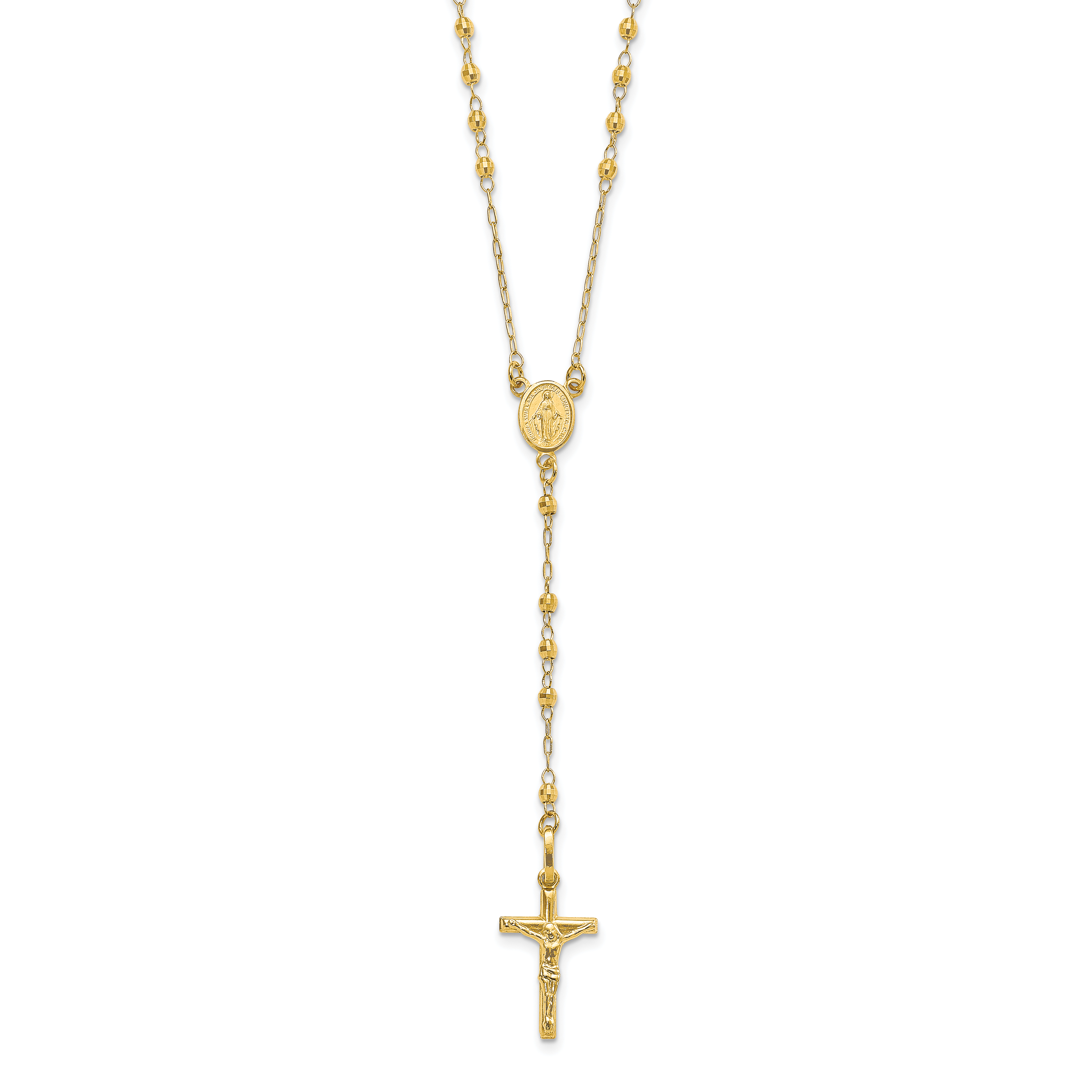 14K Polished Crucifix and Miraculous Medal with Faceted Beads 24 inch Rosary Necklace (SF2958-24)