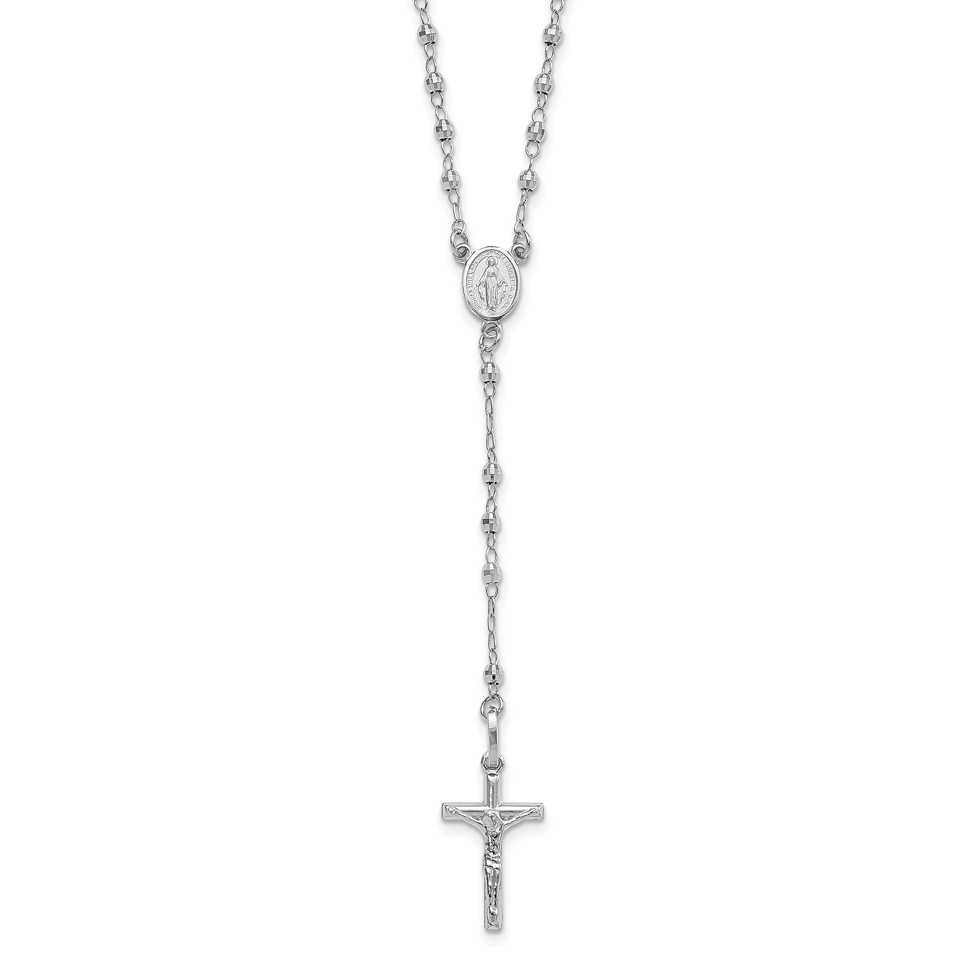 14K White Gold Polished Crucifix and Miraculous Medal with Faceted Beads 18 inch Rosary Necklace (SF2958W-18)