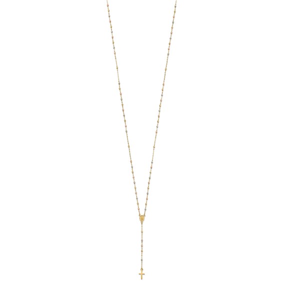 14k Tri-color Cross and Miraculous Medal with Laser-cut Beads 17 inch Rosary Necklace Plus 3 inch Extender