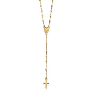 14k Tri-color Cross and Miraculous Medal with Laser-cut Beads 17 inch Rosary Necklace Plus 3 inch Extender