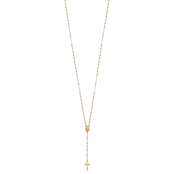 14k Tri-color Cross and Miraculous Medal with Laser-cut Beads 17 inch Rosary Necklace Plus 3 inch Extender