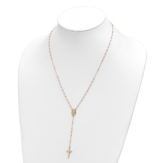 14k Tri-color Cross and Miraculous Medal with Laser-cut Beads 17 inch Rosary Necklace Plus 3 inch Extender