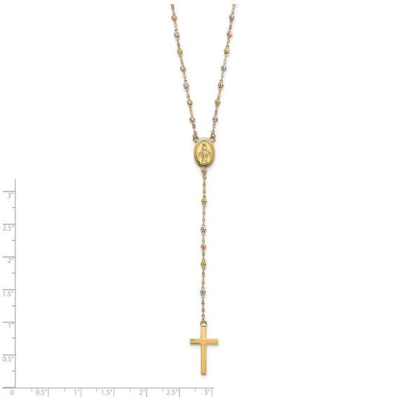 14k Tri-color Cross and Miraculous Medal with Laser-cut Beads 17 inch Rosary Necklace Plus 3 inch Extender