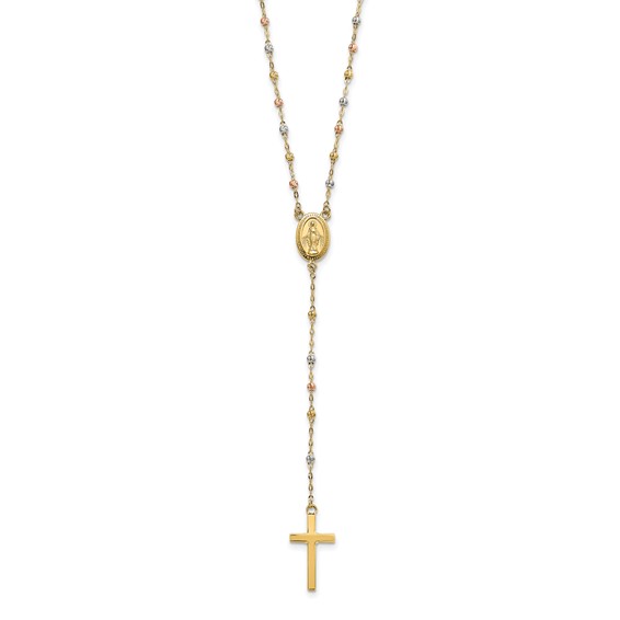14k Tri-color Cross and Miraculous Medal with Laser-cut Beads 17 inch Rosary Necklace Plus 3 inch Extender