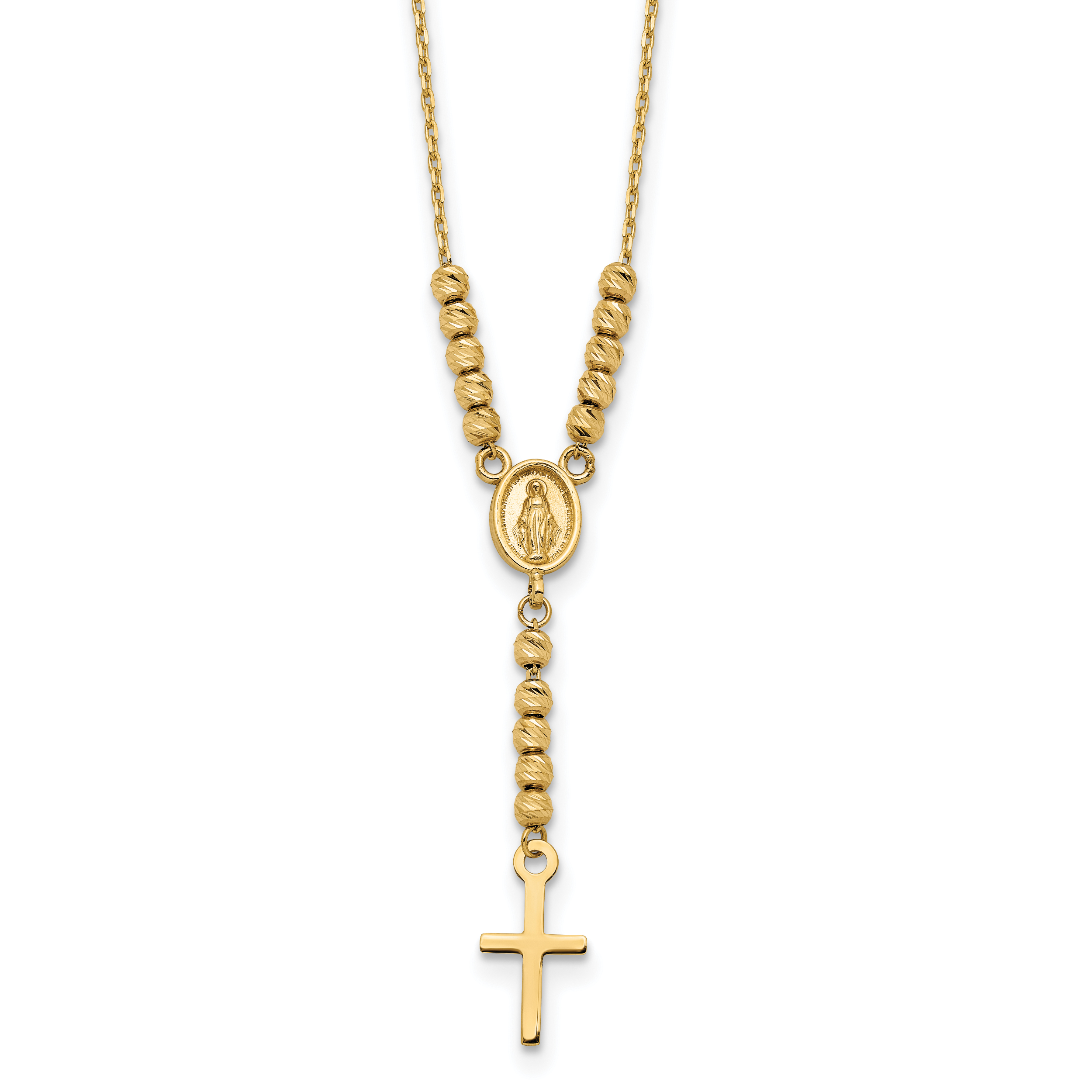 14K Polished Miraculous Medal and Cross with Diamond-cut Beads 17 inch Y-Necklace (SF2962-17)