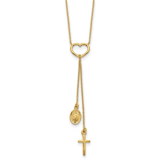 14K Polished Heart with Dangle Cross and Miraculous Medal 17 inch Y-Necklace