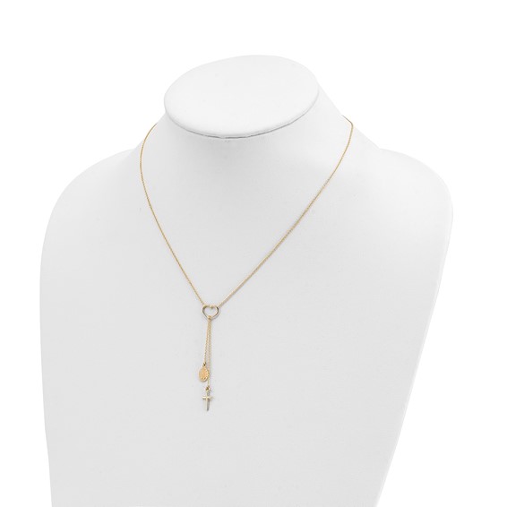 14K Polished Heart with Dangle Cross and Miraculous Medal 17 inch Y-Necklace