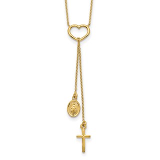 14K Polished Heart with Dangle Cross and Miraculous Medal 17 inch Y-Necklace