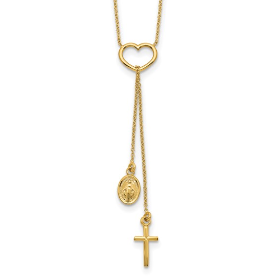 14K Polished Heart with Dangle Cross and Miraculous Medal 17 inch Y-Necklace
